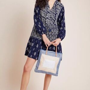 Anthropologie Navy Floral Long-Sleeve Tiered Dress